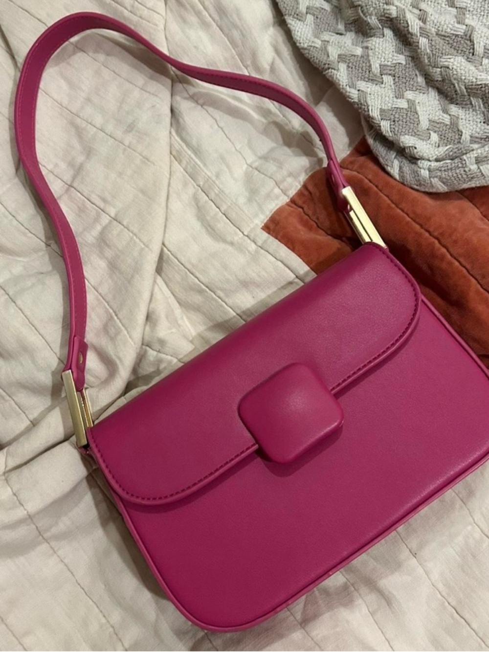 Structured Fuchsia Shoulder Bag with Gold Accents
